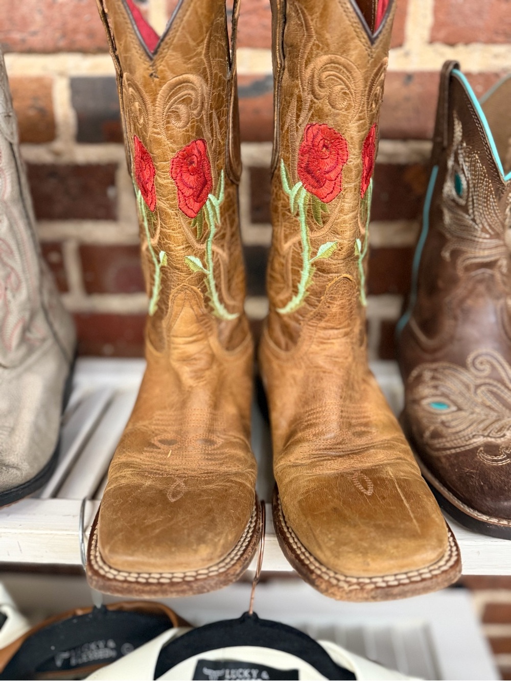 Tan Western Lace-Up Boots with Red Rose Embroidery
